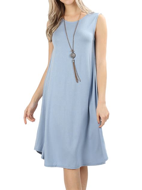 Thelovely Women And Plus Sleeveless Round Neck Knee Length Tunic Swing Dress Ash Blue L
