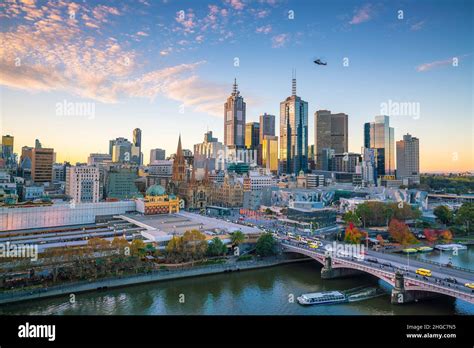 Melbourne City Skyline At Twilight In Australia Stock Photo Alamy