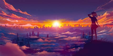 Hd Wallpaper Anime Character Standing On Hill During Sunrise Digital