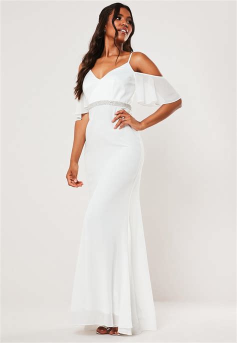 Bridesmaid White Chiffon Diamante Bardot Maxi Dress | Missguided