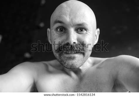 Cheerful Bald Man Mustache Portrait Young Stock Photo 1542816134