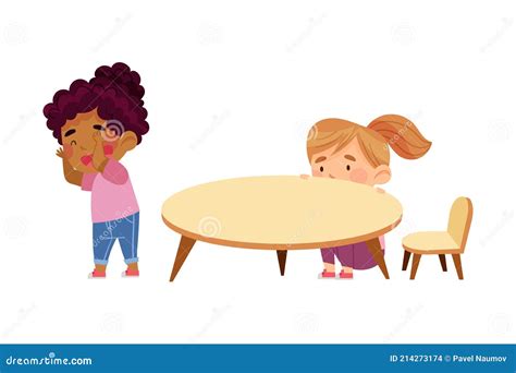 Little Girls Playing Hide And Seek Game In Kindergarden Vector