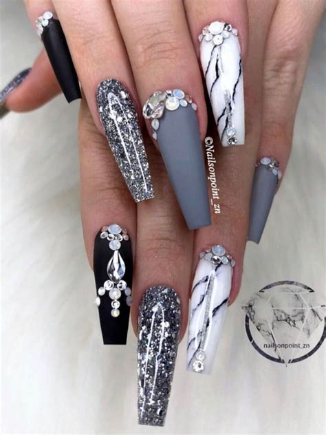 Cute Matte Grey Nails Coffin Shaped With Black Coffin Nails And An