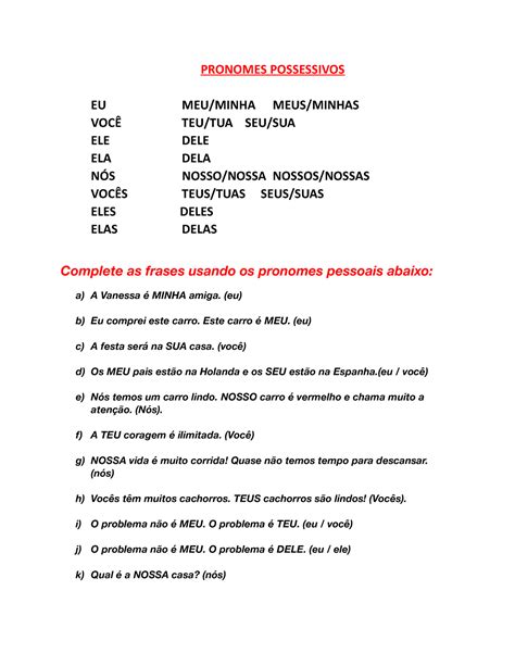 Pronomes Possessivos Pronombre Posesivos Portugues Pronomes