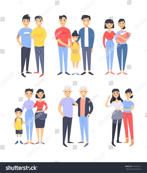 Set Different Couples Families Cartoon Style Stock Vector Royalty Free