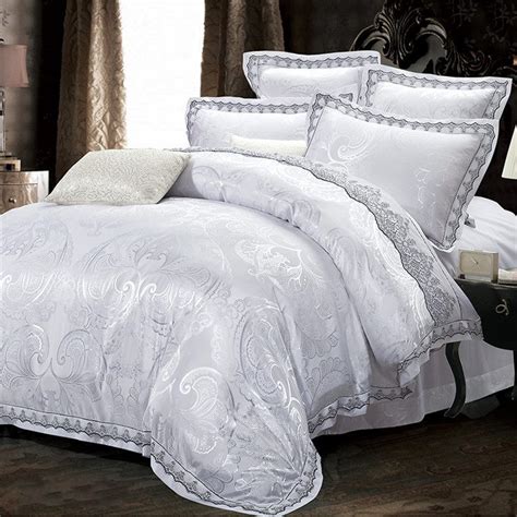 Satin comforters and satin sheets are very romantic and very soft! White Jacquard Lace bedding sets king queen size 4pcs ...