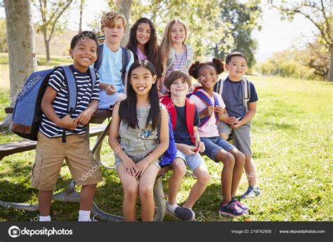 Multi Ethnic Group School Kids Hanging Out School Trip Stock Photo By