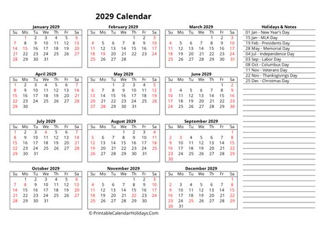 Free 2029 Calendar Week Starts Sunday
