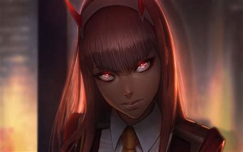 Download Wallpapers Zero Two Darkness Girl With Red Eyes Manga Darling In The Franxx For