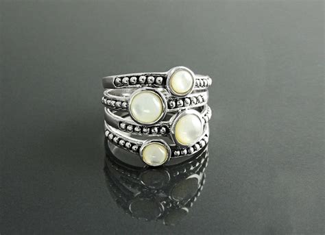 Boho Wide Ring Sterling Silver Mother Of Pearl Wide Multiple Rows