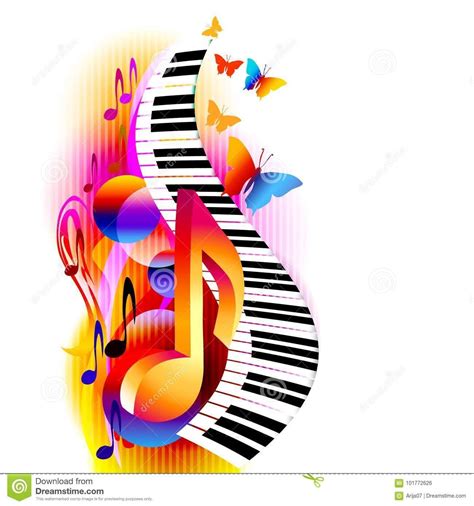 Colorful 3d Music Notes With Piano Keyboard And Butterfly Stock Vector