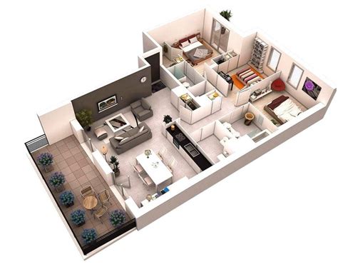 Denah Rumah Minimalis 3 Kamar Tidur 3d 3d House Plans Bedroom House