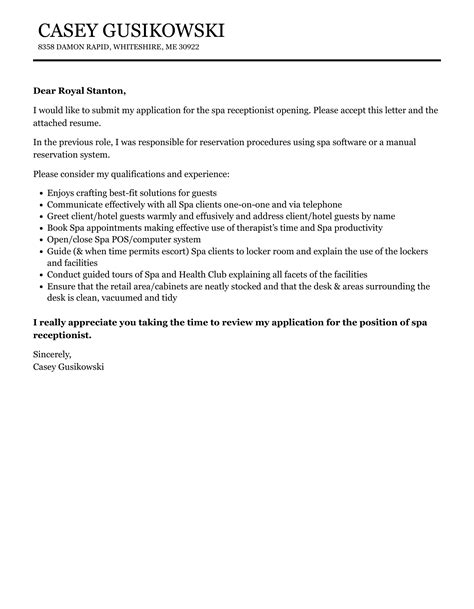 Spa Receptionist Cover Letter | Velvet Jobs