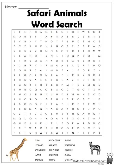 Safari Animals Word Search Monster Word Search