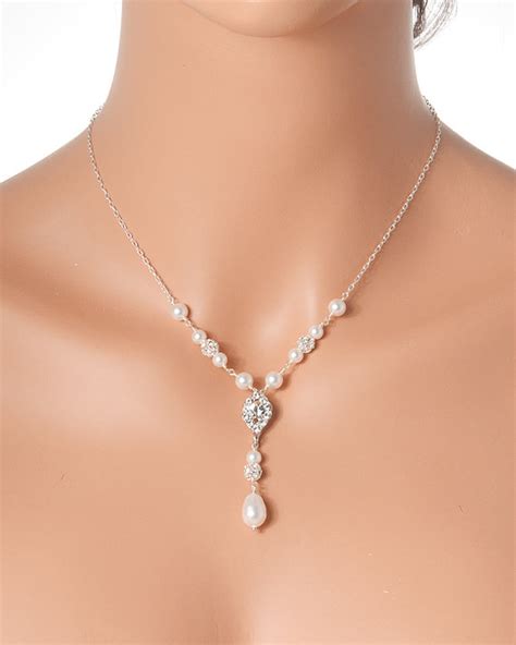 bridal necklace swarovski pearl and crystal wedding necklace art deco y drop sterling silver