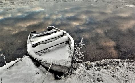 Snow Covered Boat On A Lake Shore Chain Shore Boat Ice Frozen