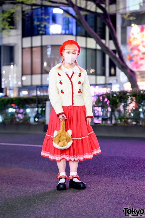 Kawaii Retro Harajuku Street Style W Pink Hair Cherry Cardigan Fox Bag Kiki2 Midi Skirt
