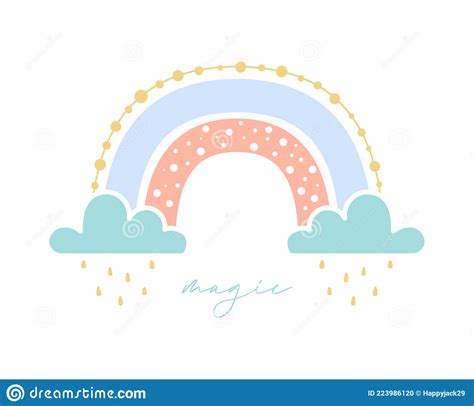 Beautiful Magic Rainbow With Clouds And Rain Drops Design With Flat