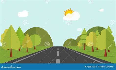 Cartoon Road Across Green Forest Hills Mountains Nature Landscape