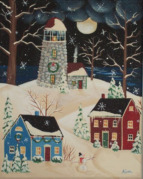 White Christmas Folk Art Print Etsy Paysage De Noël Dessin