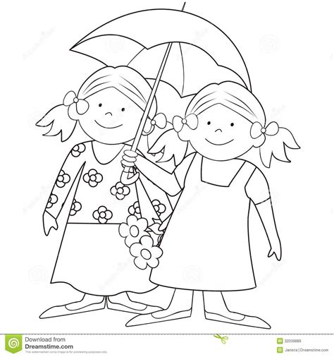 Girls And Umbrella Coloring Stock Vector Illustration Of