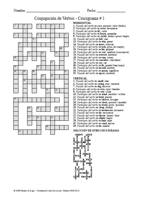 Crucigramas De Los Verbos En Inglés Pasado Y Participio Regular And