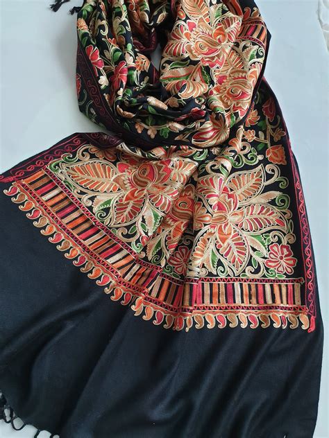 Black Multi Coloured Silk Thread Embroidered Kashmiri Shawl Etsy