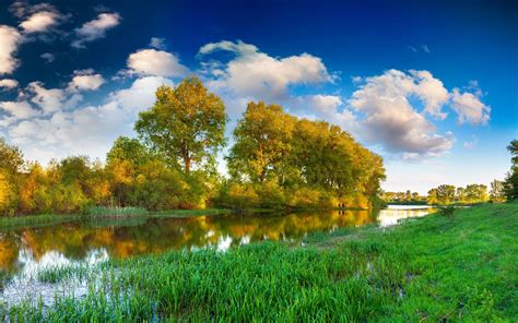River Nature Sky Sun Trees Green Wallpapers Hd Desktop And