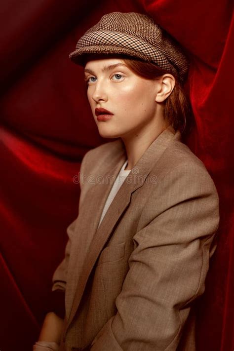 Fashion Model Portrait With Ginger Hair And Blue Eyes In Warm Earth