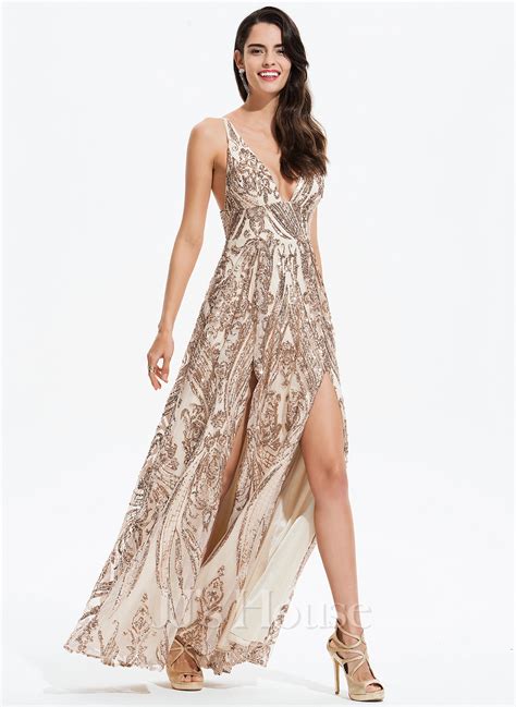 A Line V Neck Floor Length Sequined Prom Dresses With Sequins