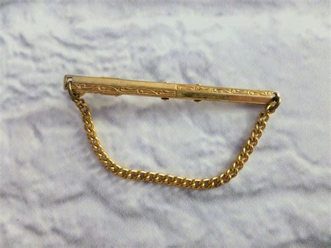 Vintage Tie Bar Tie Clip With Chain 9ct Gold Gilt Vintage Mens