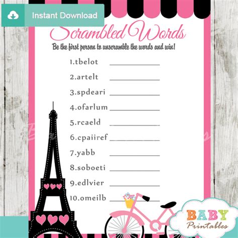 Pink Paris Eiffel Tower Baby Shower Games D222 Baby Printables