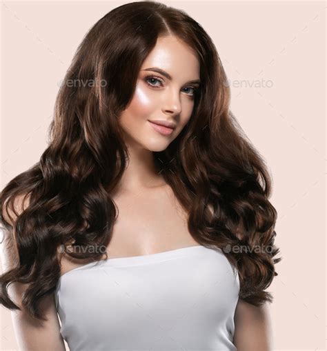Beautiful Hair Skin Woman Portrait Natural Make Up Long Curly Ha Stock