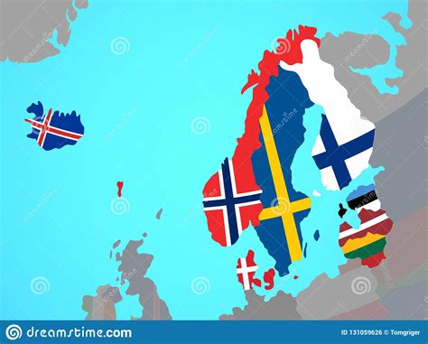 Europa Do Norte Com As Bandeiras No Mapa Ilustração Stock Ilustração