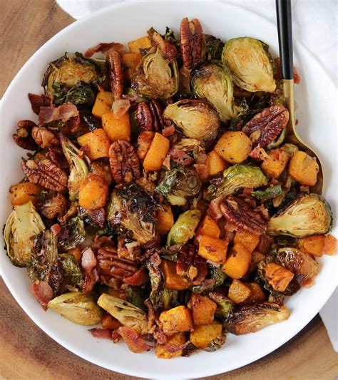 Air Fryer Butternut Squash And Brussels Sprouts Maple Pecans And Bacon