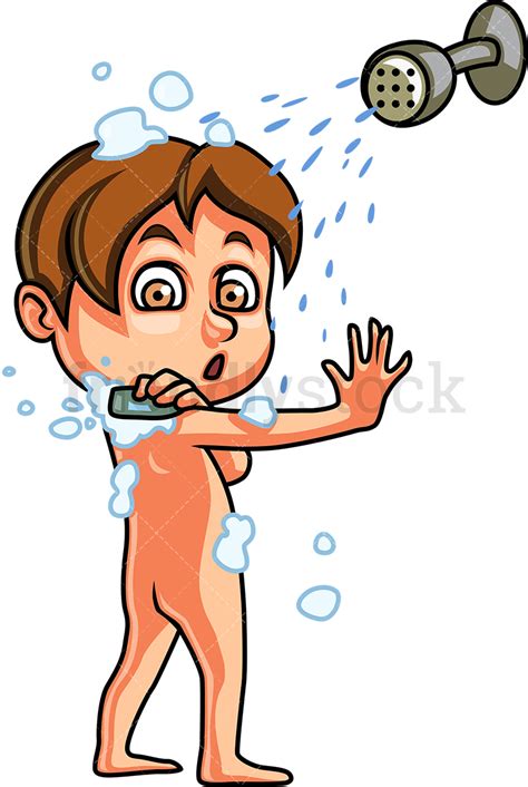 Little Boy Taking A Shower Cartoon Vector Clipart