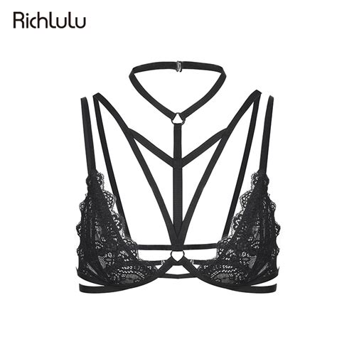 Richlulu Women Solid Black Lace Up Bralette Choker Lace Push Up Sexy Bralette Ultra Thin