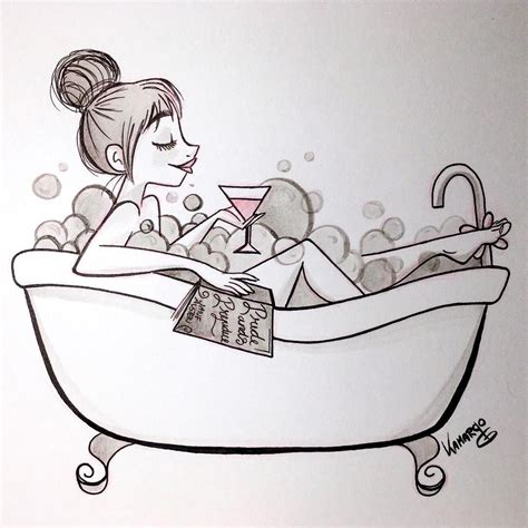 A Drawing Of A Woman Sitting In A Bathtub With A Book And A Drink