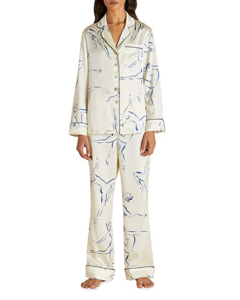 Olivia Von Halle Lila Figures Printed Silk Pajama Set Silk Pajama Set