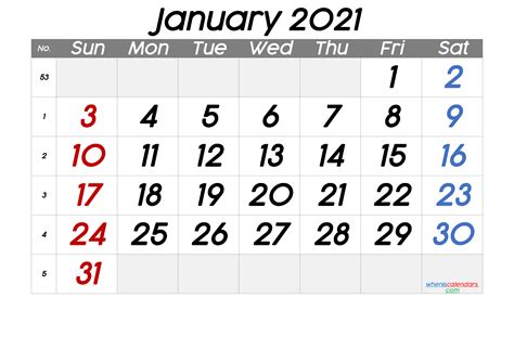 Free Printable January 2021 Calendar With Week Numbers