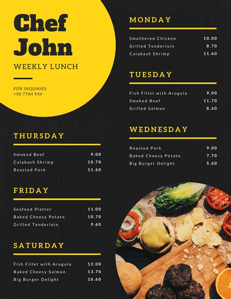 A Black And Yellow Restaurant Menu With Food On The Table Including