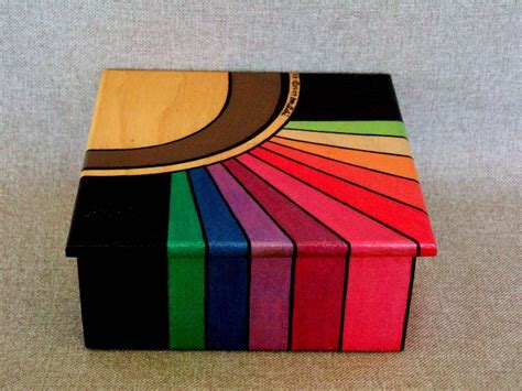 Hand Painted Wooden Jewelry Box Abstract Rainbow Design Metallic