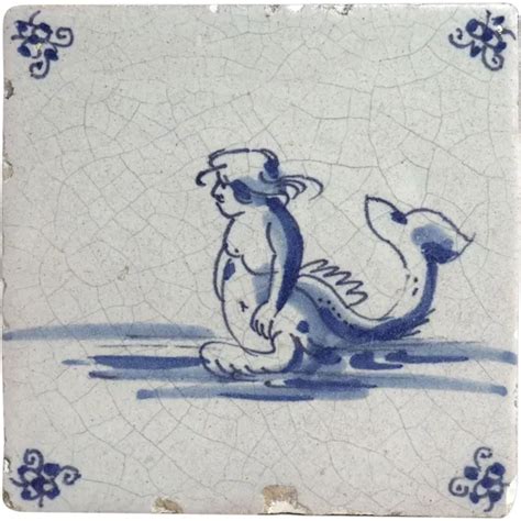Dutch Delft Blue And White Pottery Square Mythological Merman Tile 125