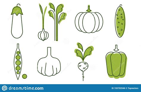 Fresh Vegetables Icons Set Eggplant Onion Garlic Cucumber Pepper