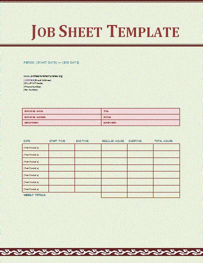 Job Sheets Templates Excel