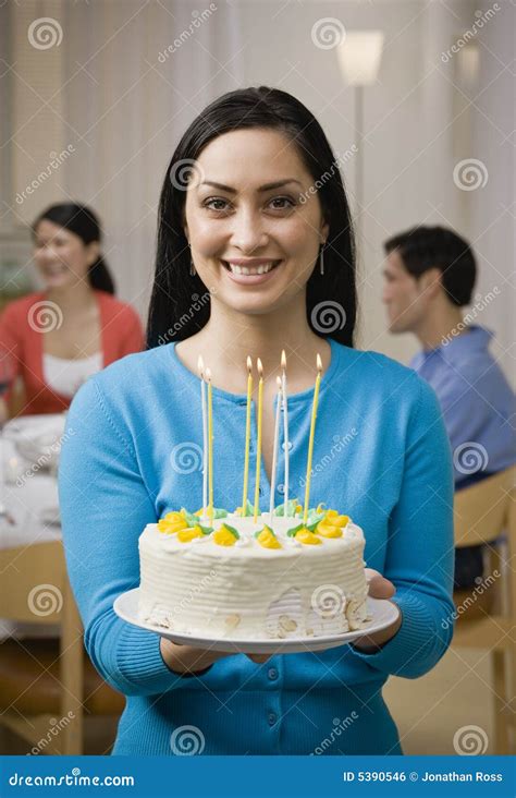 Woman Holding Birthday Cake With Candles Stock Photo Image Of