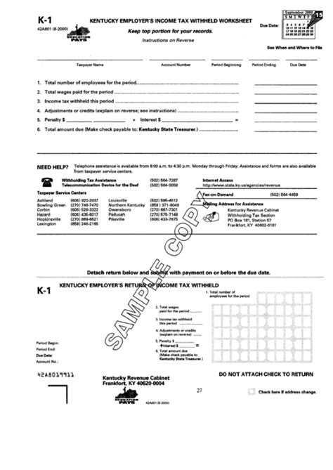 Form K 1 Sample Kentucky Employers Income Tax Withheld Worksheet