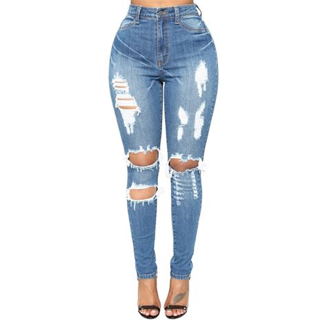New Ultra Stretchy Blue Tassel Ripped Jeans Woman Denim Pants Trousers For Women Pencil Skinny