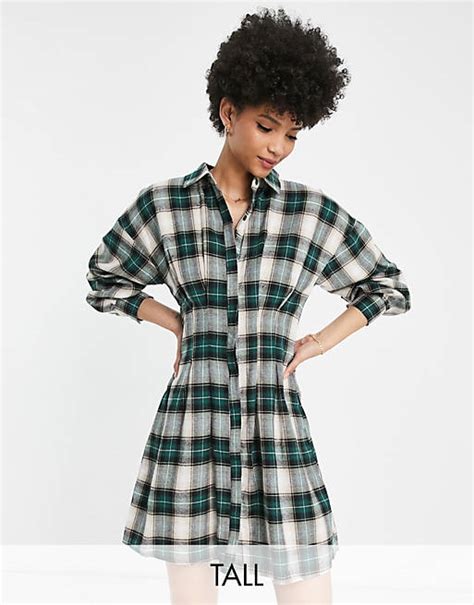 Missguided Tall Pleated Waist Shirt Dress In Check Asos