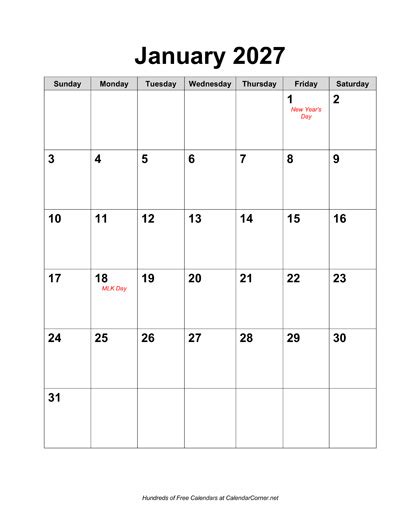 Free 2027 Calendar With Holidays